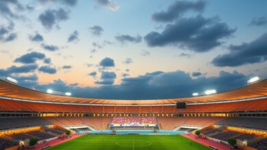 Vista panorâmica de um moderno estádio desportivo iluminado para espetáculo musical ao entardecer sob céu límpido