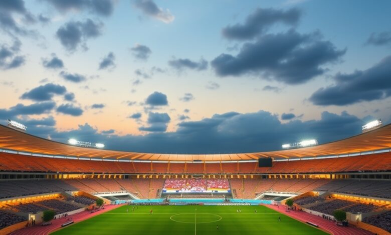 Vista panorâmica de um moderno estádio desportivo iluminado para espetáculo musical ao entardecer sob céu límpido