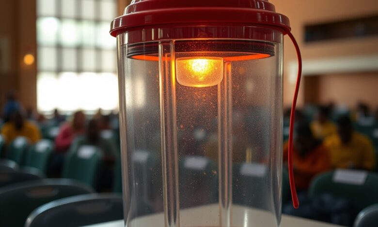 Urna electrónica de voto com ecrã iluminado numa sala eleitoral organizada durante contagem de votos oficiais.