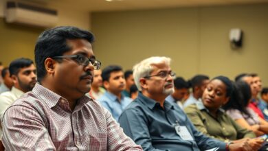 Sala de aula iluminada com professores concentrados a participar numa sessao de formacao pedagogica presencial