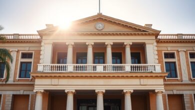 Fachada de tribunal de justiça com colunas imponentes sob luz solar difusa em dia de expediente.