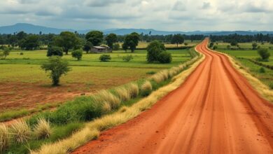 Paisagem rural no norte de Moçambique com estrada de terra batida sob céu nublado.