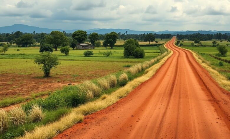 Paisagem rural no norte de Moçambique com estrada de terra batida sob céu nublado.