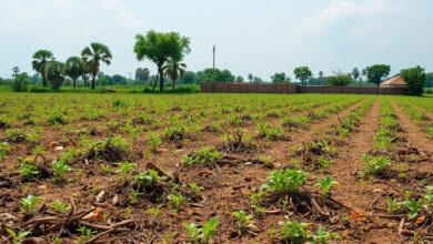 Terreno agricola com restos de queimada sob ceu aberto numa regiao rural do norte de Mocambique