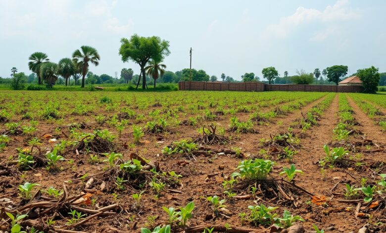 Terreno agricola com restos de queimada sob ceu aberto numa regiao rural do norte de Mocambique