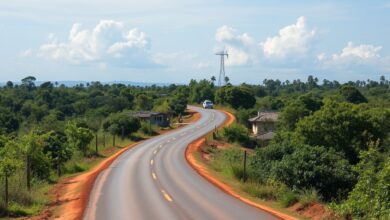 Estrada rural de terra batida no norte de Moçambique com vegetação densa e habitações tradicionais ao fundo.