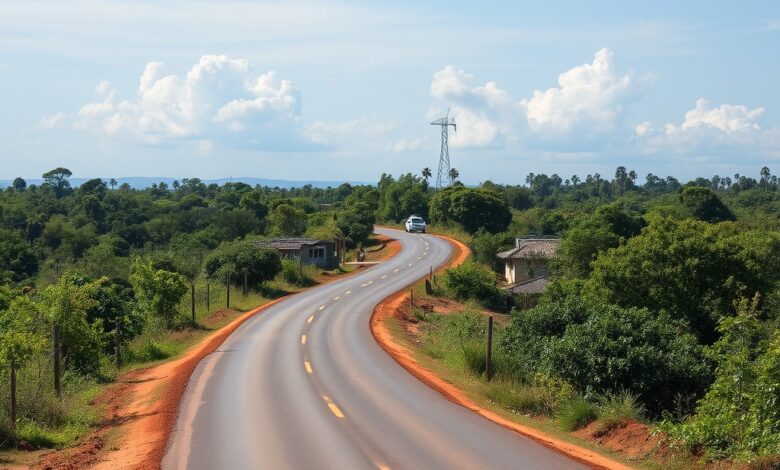 Estrada rural de terra batida no norte de Moçambique com vegetação densa e habitações tradicionais ao fundo.