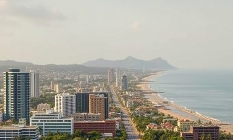 Vista panorâmica costeira e infra-estrutura urbana moderna numa ilha de ambiente sustentável e tecnológico.