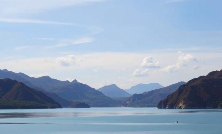 Panorâmica da imensa albufeira de Cahora Bassa com águas calmas e montanhas escarpadas ao fundo