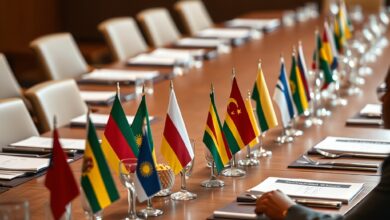 Bandeiras internacionais e pastas diplomáticas dispostas sobre uma mesa de negociações numa cimeira multilateral europeia.