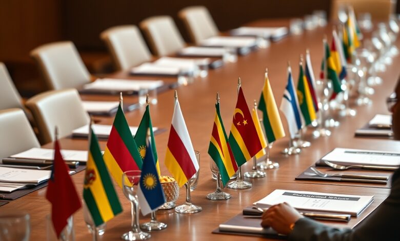 Bandeiras internacionais e pastas diplomáticas dispostas sobre uma mesa de negociações numa cimeira multilateral europeia.