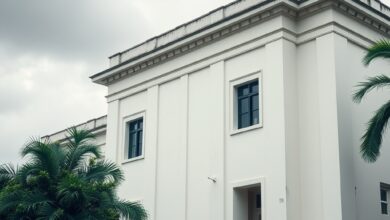 Fachada de edifício governamental de medicina legal com viatura estacionada em dia nublado e sóbrio.