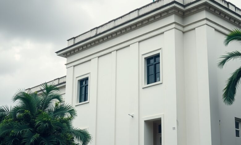 Fachada de edifício governamental de medicina legal com viatura estacionada em dia nublado e sóbrio.