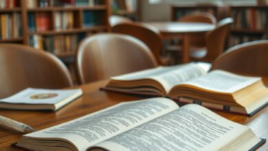 Livro aberto com páginas amareladas sobre mesa de madeira em ambiente académico e literário acolhedor