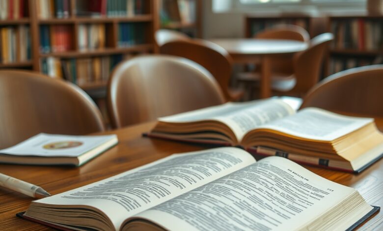 Livro aberto com páginas amareladas sobre mesa de madeira em ambiente académico e literário acolhedor