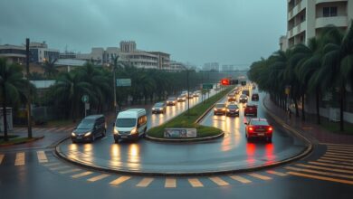 Avenida urbana alagada sob chuva intensa com veículos a circular com faróis acesos em dia nublado.