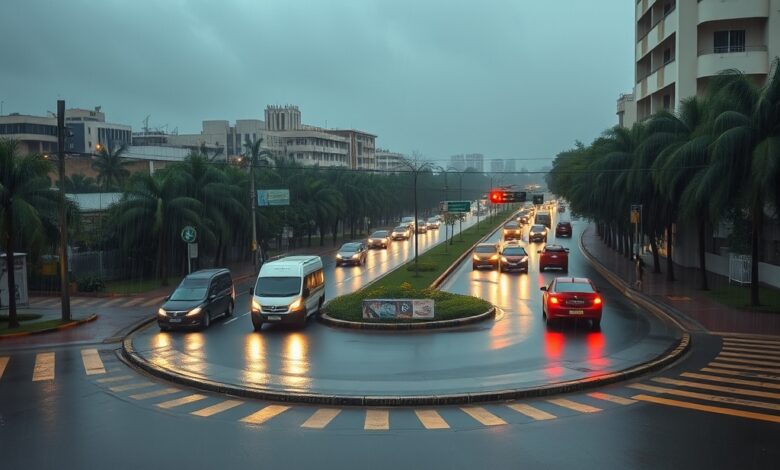 Avenida urbana alagada sob chuva intensa com veículos a circular com faróis acesos em dia nublado.