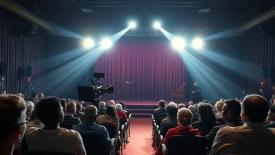 Câmara de cinema profissional num cenário de estúdio iluminado por holofotes durante uma produção cinematográfica dramática.