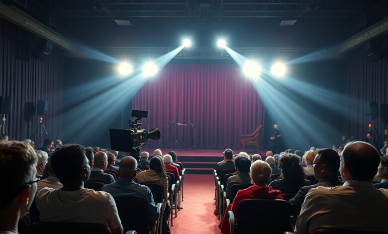 Câmara de cinema profissional num cenário de estúdio iluminado por holofotes durante uma produção cinematográfica dramática.