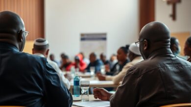 Sala de conferências com representantes religiosos reunidos em assembleia plenária para debater acções sociais e comunitárias.