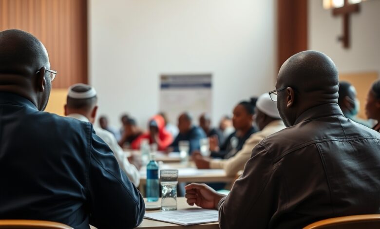 Sala de conferências com representantes religiosos reunidos em assembleia plenária para debater acções sociais e comunitárias.