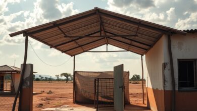 Portão metálico de uma escola com vedação de protecção sob céu aberto em zona rural árida