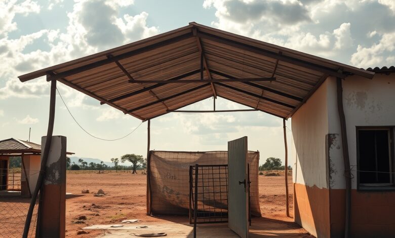 Portão metálico de uma escola com vedação de protecção sob céu aberto em zona rural árida