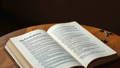 Livro de poesia aberto sobre uma mesa de madeira rústica com luz suave de fundo