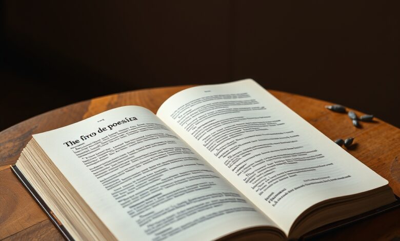 Livro de poesia aberto sobre uma mesa de madeira rústica com luz suave de fundo