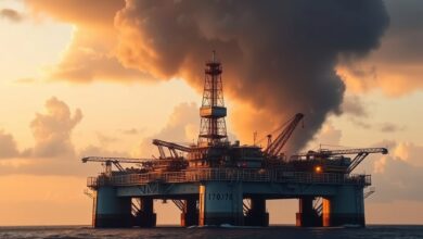 Uma plataforma de extração de petróleo no mar sob um céu dramático ao entardecer