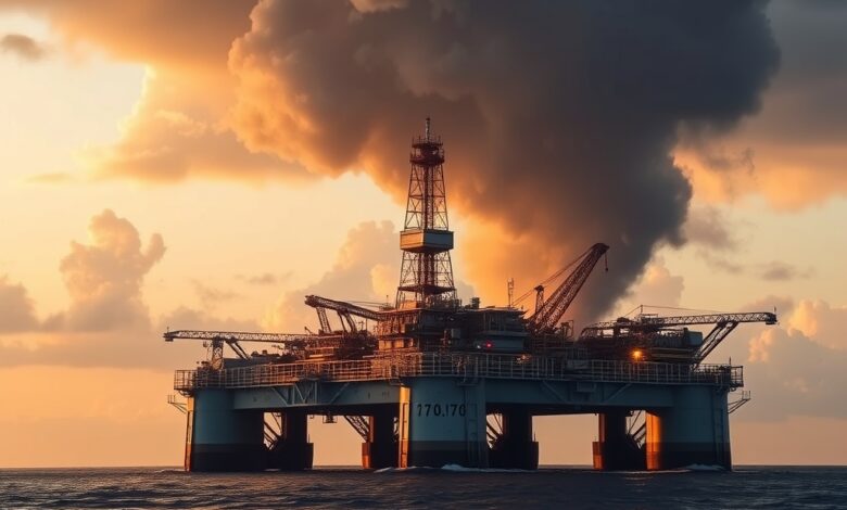 Uma plataforma de extração de petróleo no mar sob um céu dramático ao entardecer