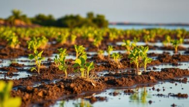 Plantação de mudas de mangal numa zona costeira sob a luz suave do entardecer