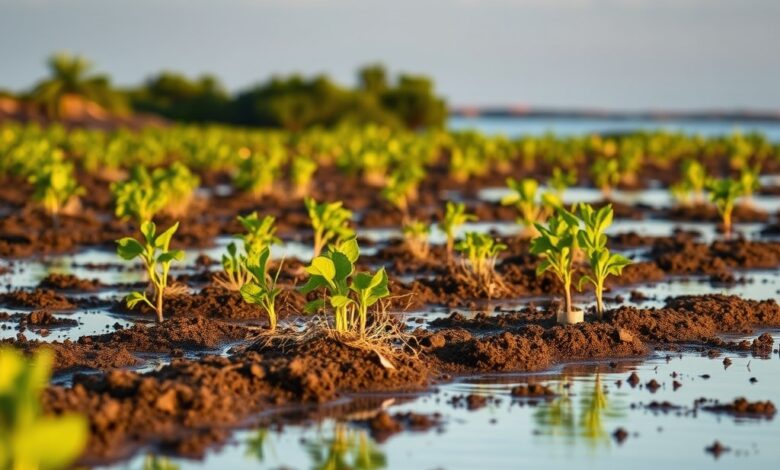 Plantação de mudas de mangal numa zona costeira sob a luz suave do entardecer