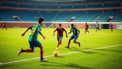 Jogadores de futebol sub-20 em campo disputando a bola num estádio iluminado estilo fotojornalístico.