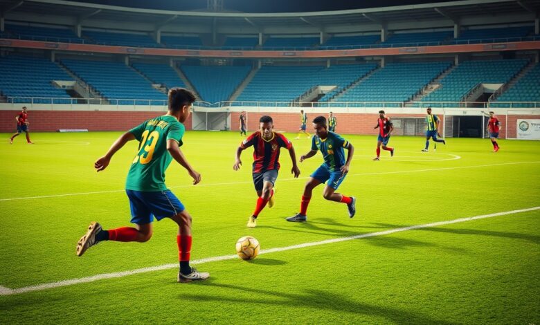 Jogadores de futebol sub-20 em campo disputando a bola num estádio iluminado estilo fotojornalístico.