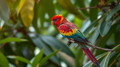Uma arara-vermelha colorida pousada num ramo de árvore numa floresta tropical densa.