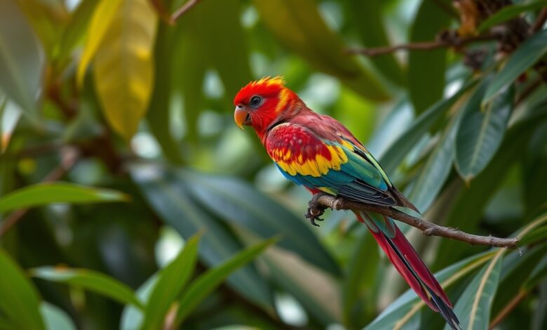 Uma arara-vermelha colorida pousada num ramo de árvore numa floresta tropical densa.