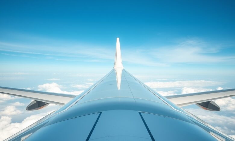 Janela de avião comercial vista de perto mostrando as camadas de acrílico com céu azul ao fundo.