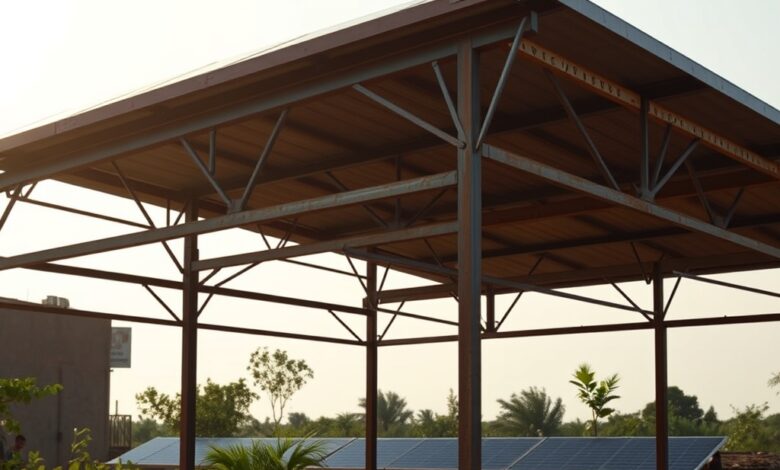 Estrutura metálica com painéis solares instalada numa comunidade rural de Moçambique sob um céu limpo.