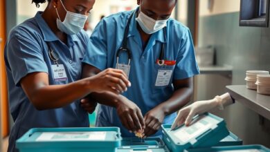 Profissionais de saúde pública de máscara organizando caixas térmicas de vacinas em um hospital regional africano.