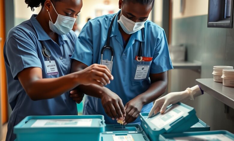Profissionais de saúde pública de máscara organizando caixas térmicas de vacinas em um hospital regional africano.
