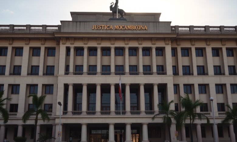Vista exterior de um edifício governamental em Maputo sob a luz do dia, representando a justiça moçambicana.