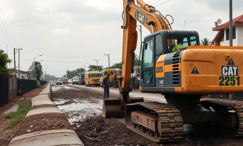 Trabalhadores da construção civil operando escavadora em canal de drenagem urbana sob céu nublado.