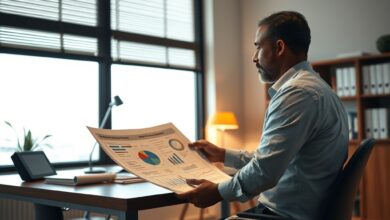 Empreendedor a analisar gráficos de planeamento financeiro e estratégia empresarial num escritório contemporâneo e iluminado