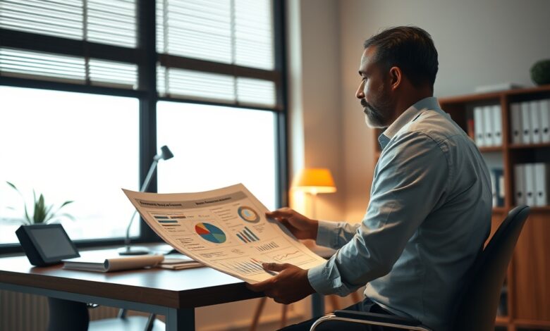 Empreendedor a analisar gráficos de planeamento financeiro e estratégia empresarial num escritório contemporâneo e iluminado