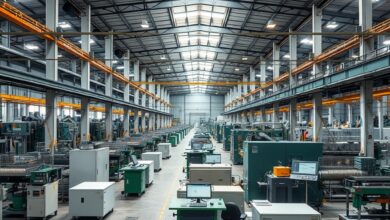 Vista interior de uma fábrica moderna em Moçambique com maquinaria industrial ativa e organizada.