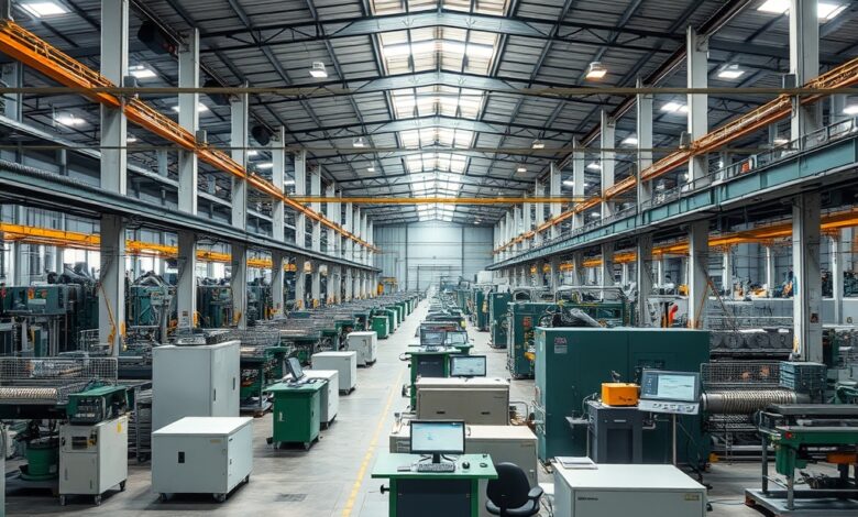 Vista interior de uma fábrica moderna em Moçambique com maquinaria industrial ativa e organizada.