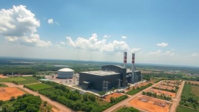 Vista aérea de uma moderna refinaria de biocombustíveis cercada por vegetação sob um céu limpo.