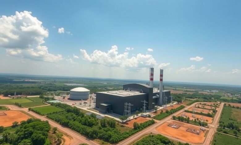 Vista aérea de uma moderna refinaria de biocombustíveis cercada por vegetação sob um céu limpo.
