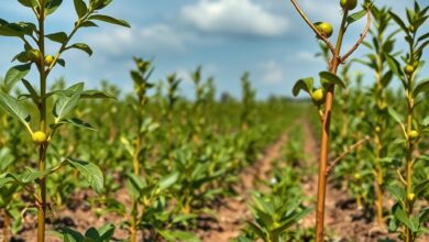 Plantação de oleaginosas sob o sol em Moçambique destinada à produção sustentável de biocombustíveis.